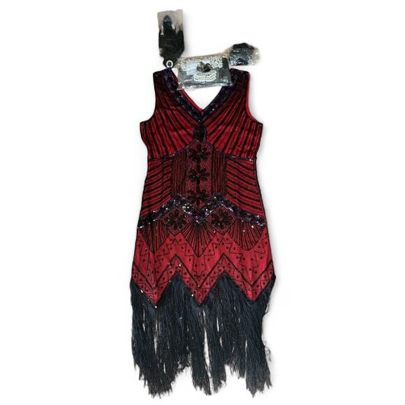 Womens L 1920s Flapper Fringed Sequin Dress 20s Accessories V Neck Gatsby Red - Picture 1 of 6